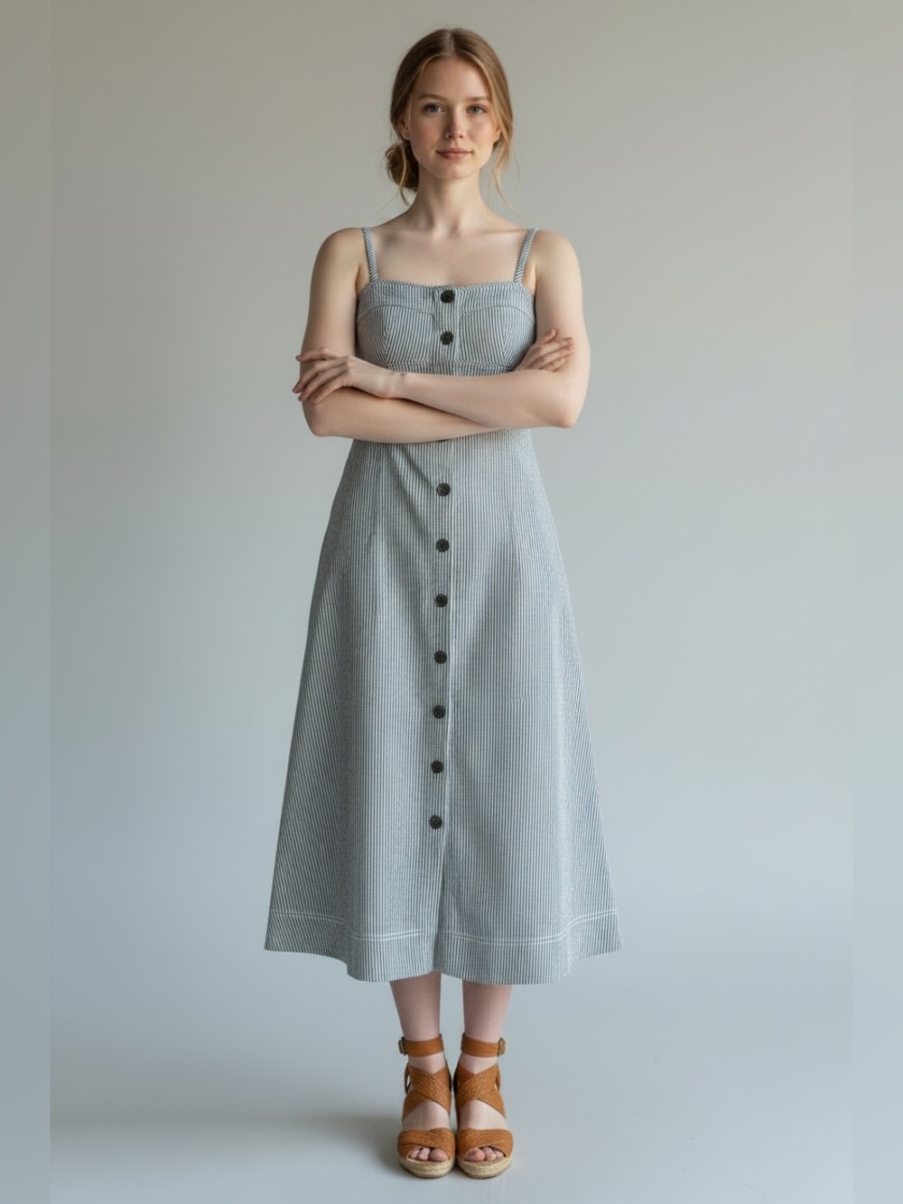 Universal Thread Blue and White Striped Button-Front Midi Sundress